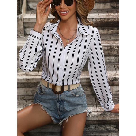 Preppy minimalist Striped Print long sleeve Button up Shirt white black - Picture 1 of 10